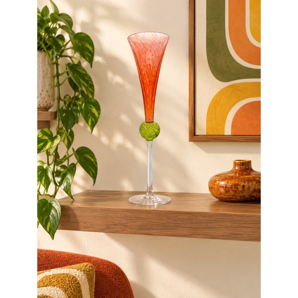 Signed Union Street Glass Hand Blown Champagne Flute Orange and Lime Green